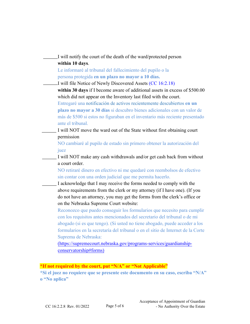 Form CC16:2.2.8 Acceptance of Appointment of Guardian - No Authority Over the Estate - Nebraska (English / Spanish), Page 5