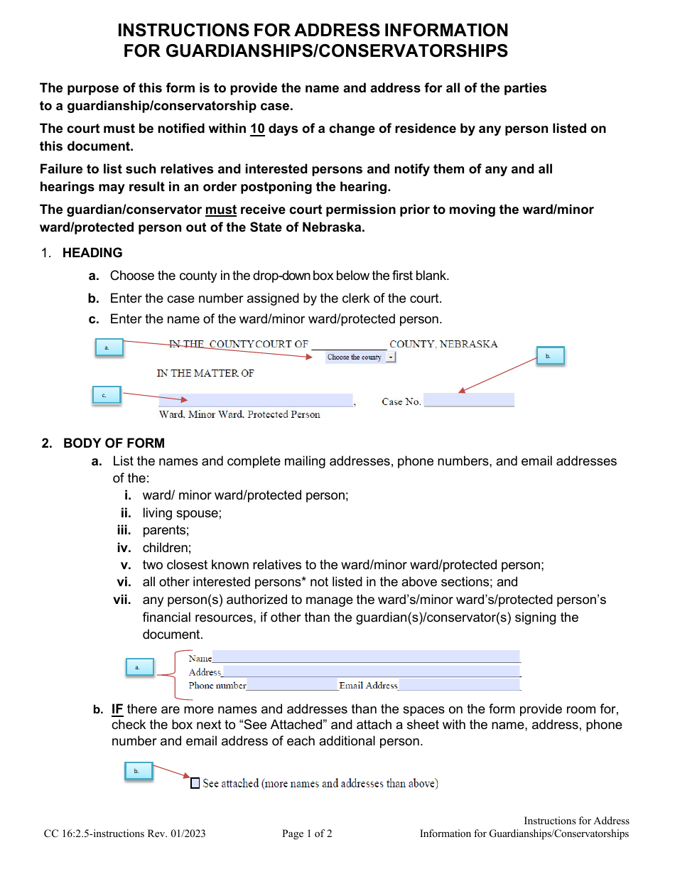 Instructions for Form CC16:2.5 Address Information for Guardianships / Conservatorships - Nebraska, Page 1