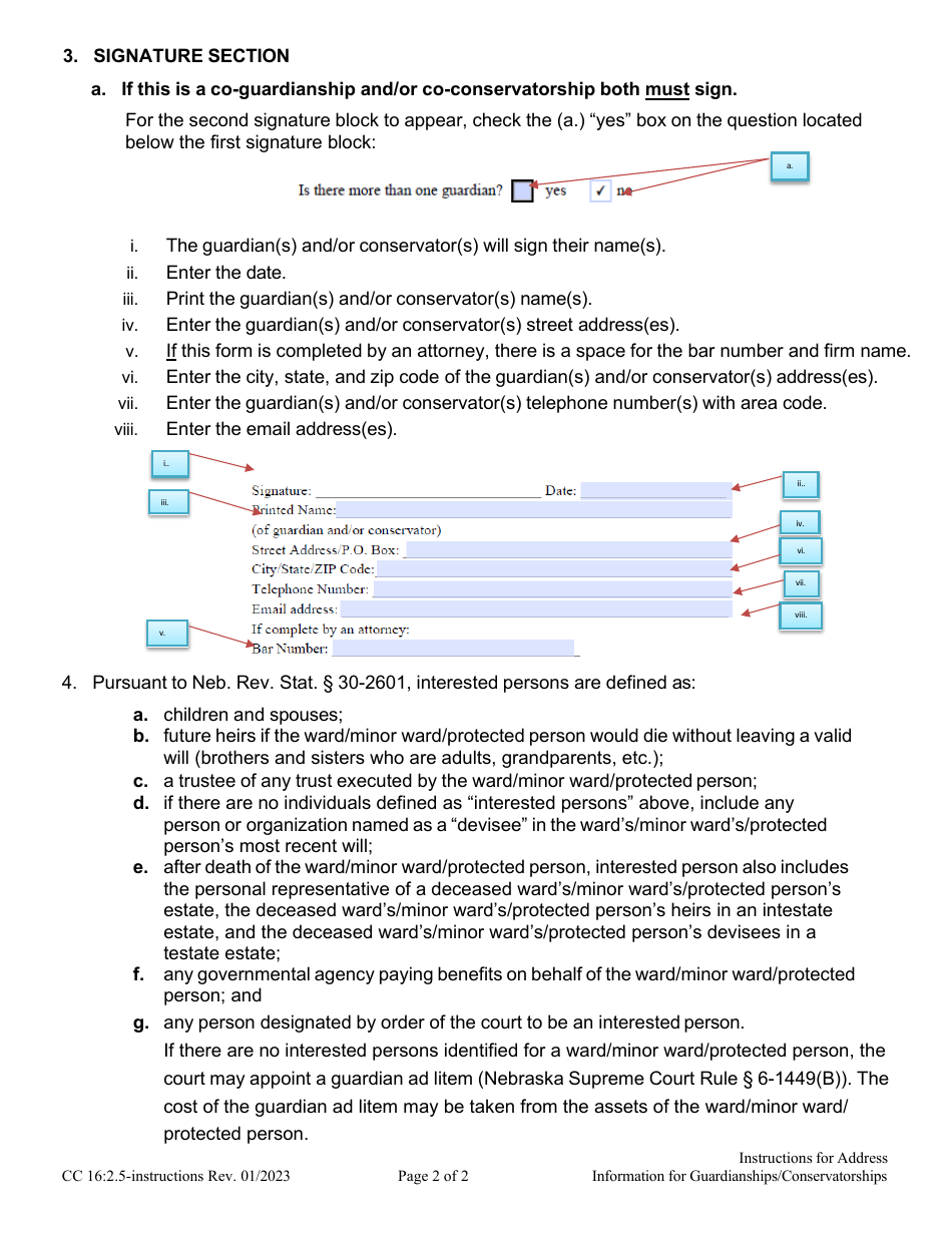 Instructions for Form CC16:2.5 Address Information for Guardianships / Conservatorships - Nebraska, Page 2