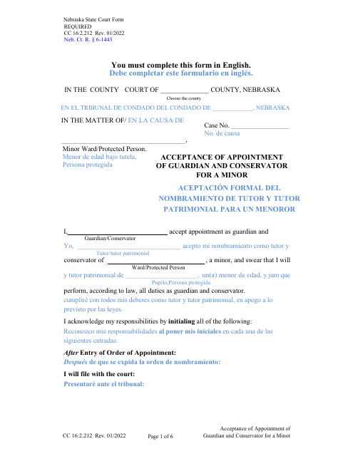 Form CC16:2.212 Acceptance of Appointment of Guardian and Conservator for a Minor - Nebraska (English/Spanish)