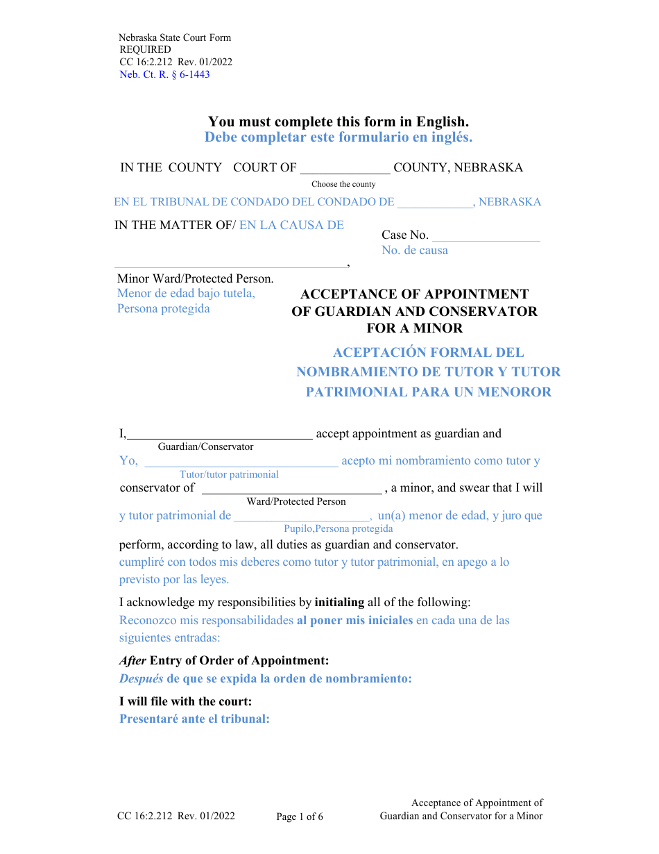Form CC16:2.212 Acceptance of Appointment of Guardian and Conservator for a Minor - Nebraska (English / Spanish), Page 1