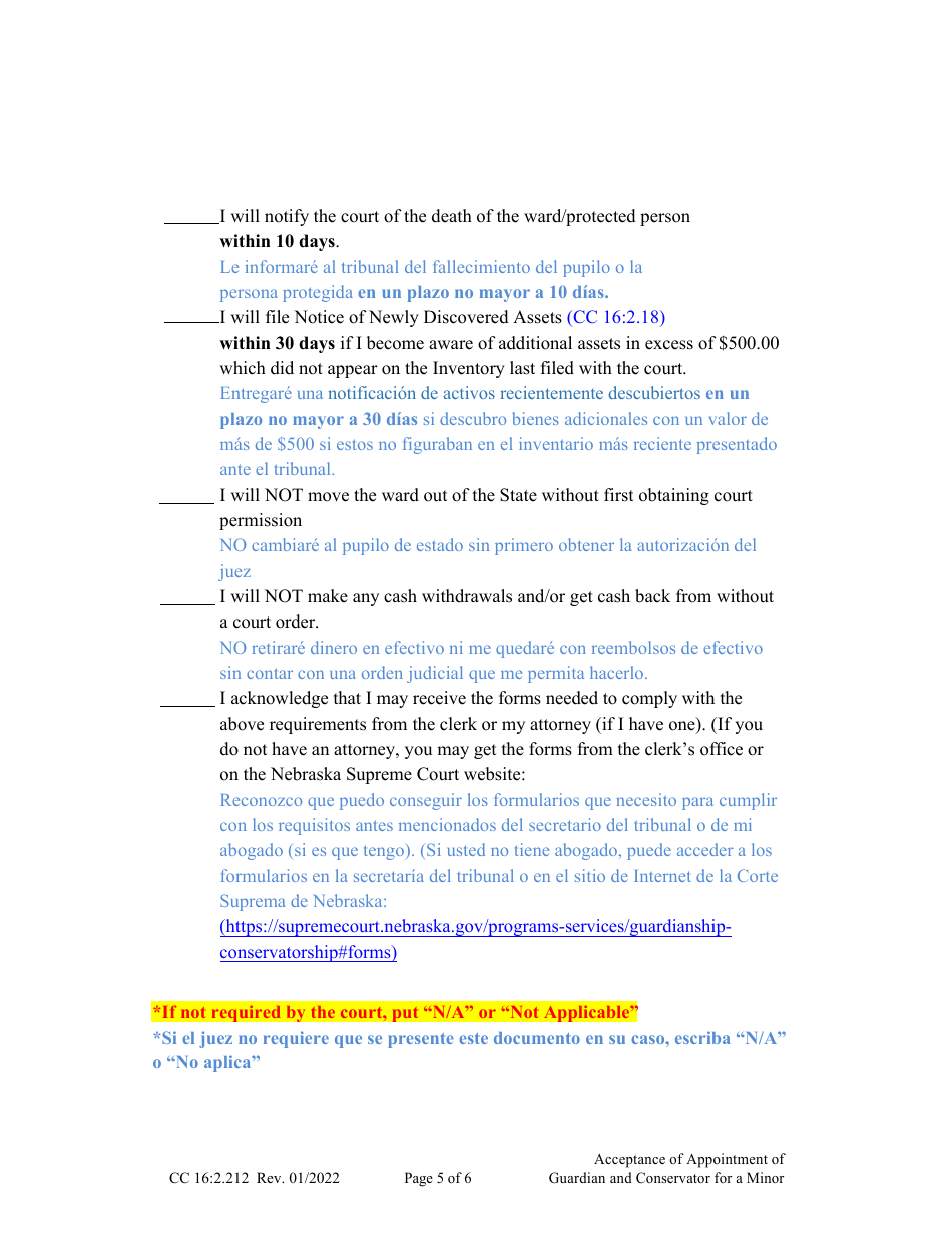 Form CC16:2.212 Acceptance of Appointment of Guardian and Conservator for a Minor - Nebraska (English / Spanish), Page 5