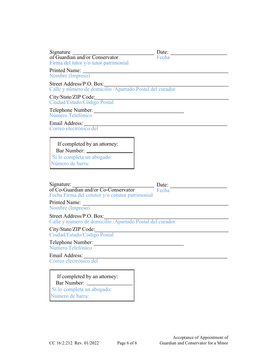Form CC16:2.212 Acceptance of Appointment of Guardian and Conservator for a Minor - Nebraska (English / Spanish), Page 6