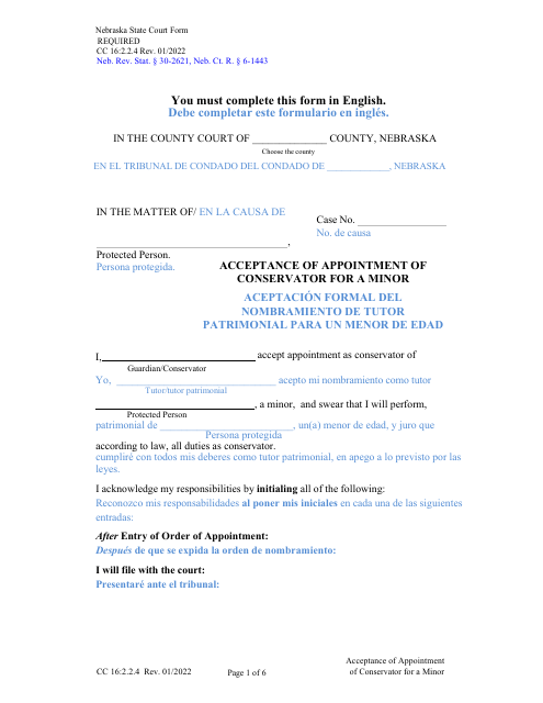 Form CC16:2.2.4 Acceptance of Appointment of Conservator for a Minor - Nebraska (English/Spanish)