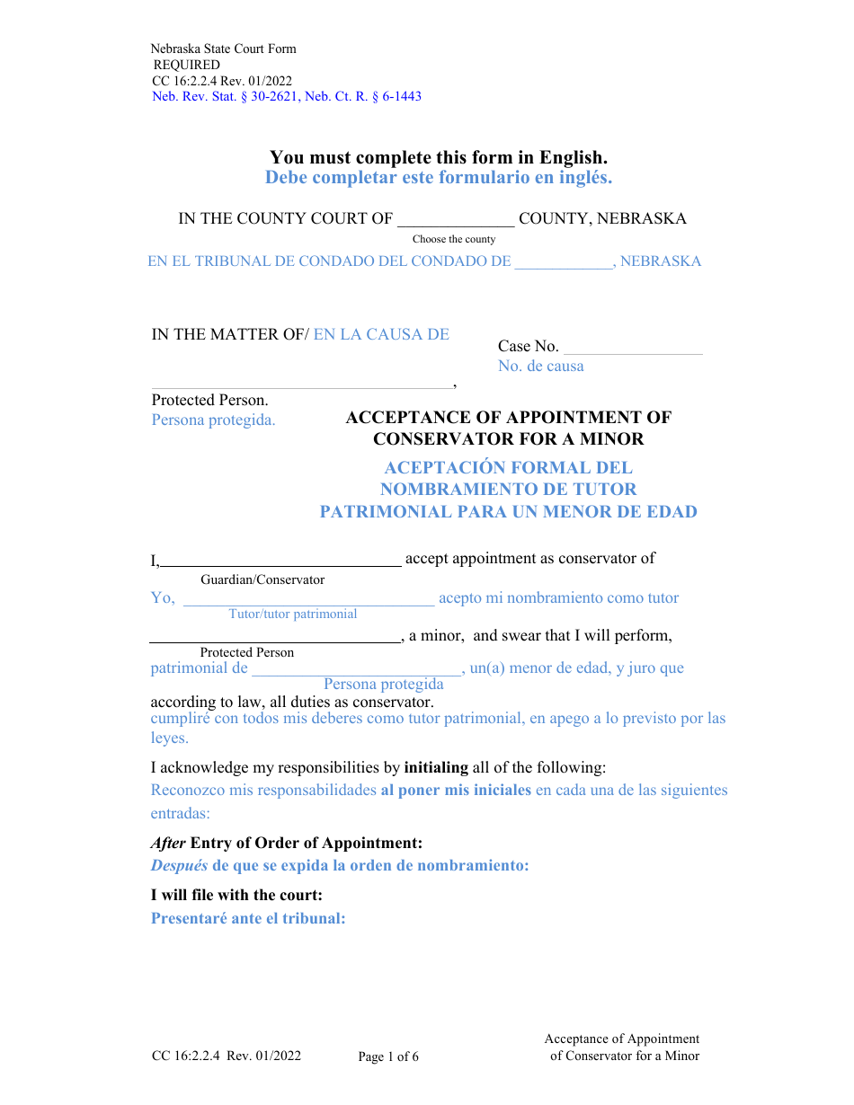 Form CC16:2.2.4 Acceptance of Appointment of Conservator for a Minor - Nebraska (English / Spanish), Page 1