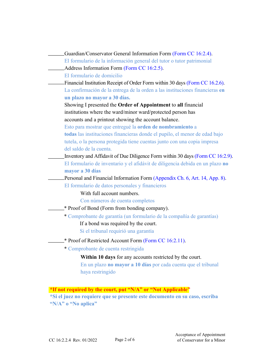 Form CC16:2.2.4 Acceptance of Appointment of Conservator for a Minor - Nebraska (English / Spanish), Page 2