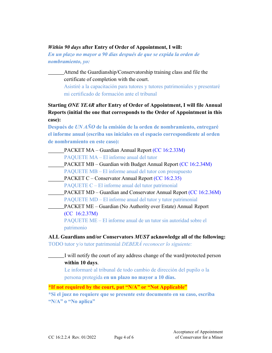 Form CC16:2.2.4 Acceptance of Appointment of Conservator for a Minor - Nebraska (English / Spanish), Page 4