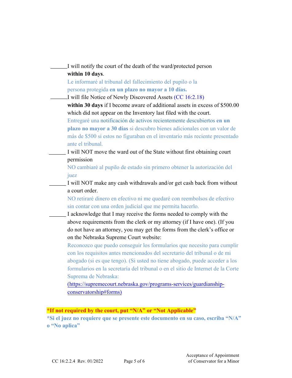 Form CC16:2.2.4 Acceptance of Appointment of Conservator for a Minor - Nebraska (English / Spanish), Page 5