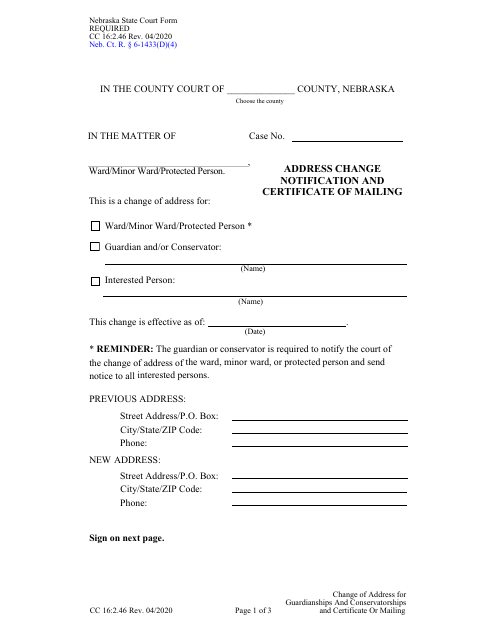Form CC16:2.46 Address Change Notification and Certificate of Mailing - Nebraska