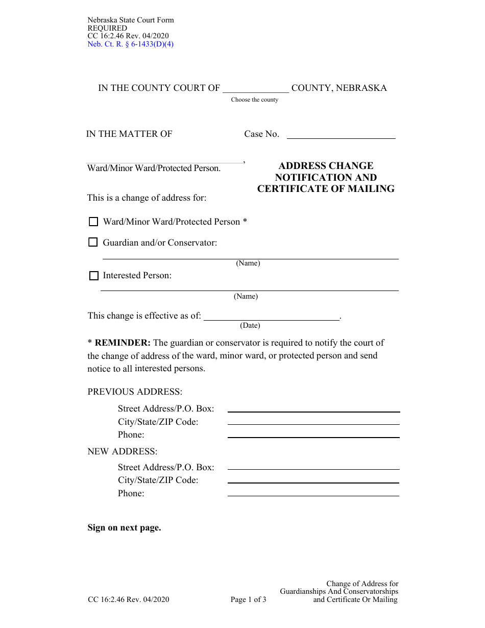 Form CC16:2.46 Address Change Notification and Certificate of Mailing - Nebraska, Page 1