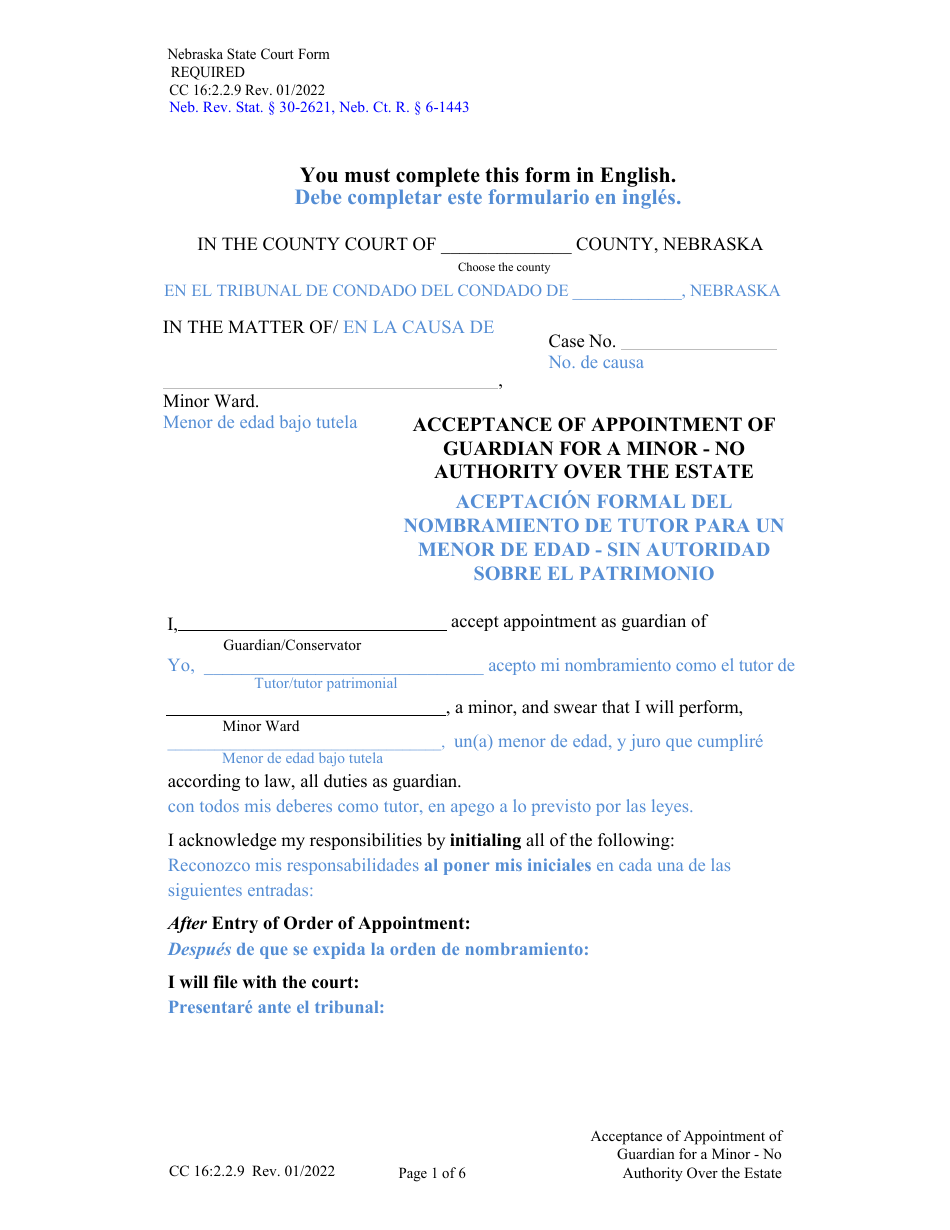 Form CC16:2.2.9 Acceptance of Appointment of Guardian for a Minor - No Authority Over the Estate - Nebraska (English / Spanish), Page 1