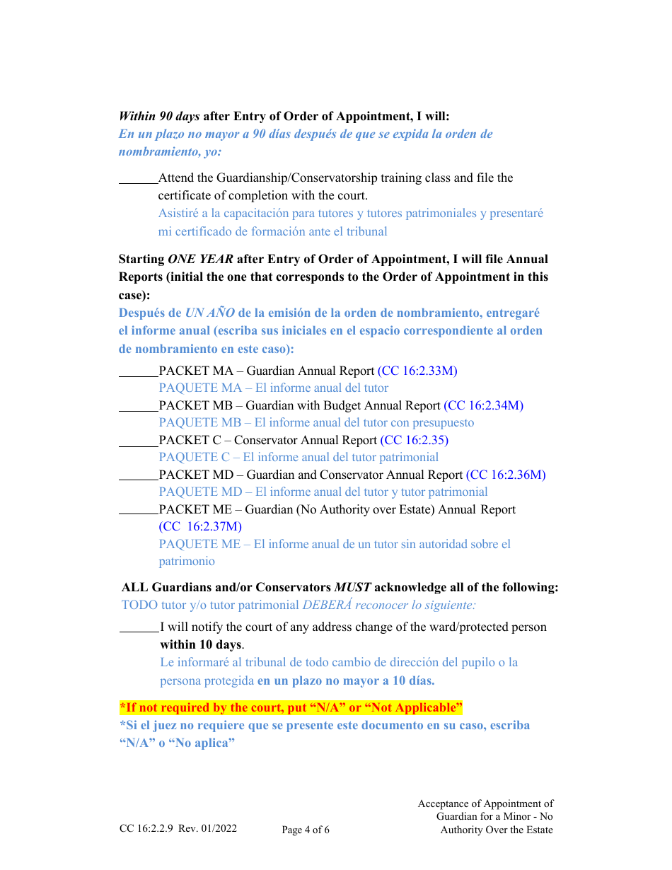 Form CC16:2.2.9 Acceptance of Appointment of Guardian for a Minor - No Authority Over the Estate - Nebraska (English / Spanish), Page 4