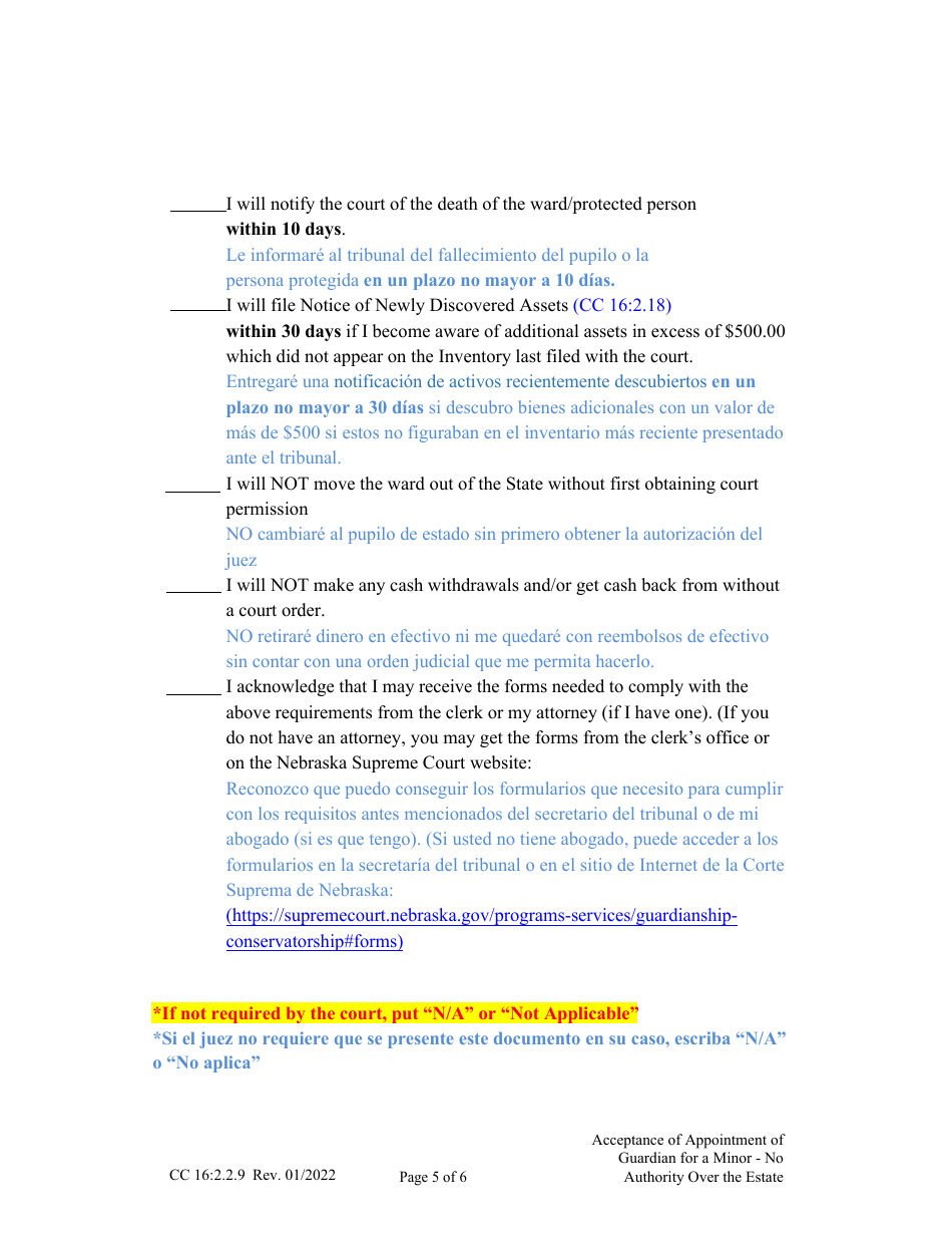 Form CC16:2.2.9 Acceptance of Appointment of Guardian for a Minor - No Authority Over the Estate - Nebraska (English / Spanish), Page 5