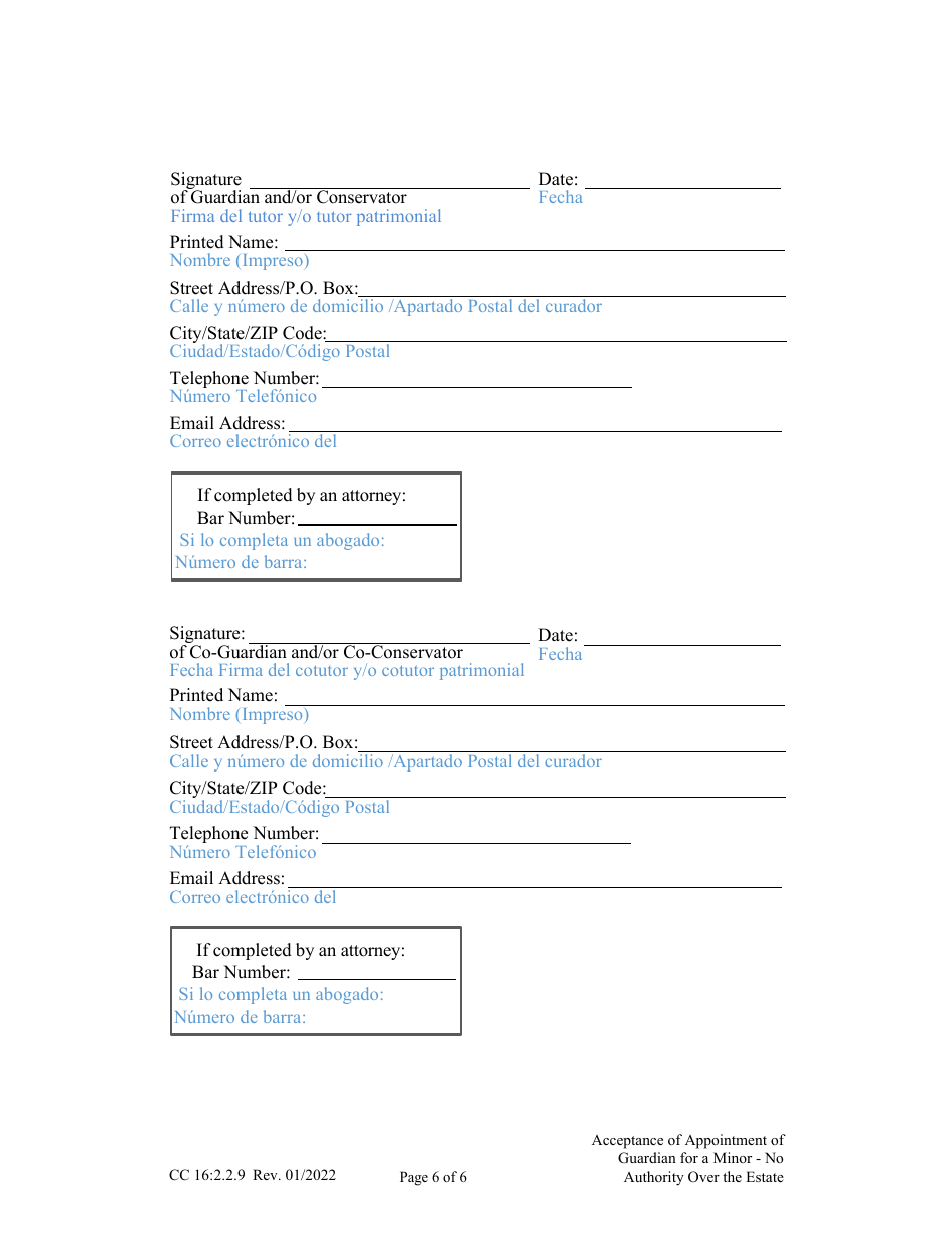 Form CC16:2.2.9 Acceptance of Appointment of Guardian for a Minor - No Authority Over the Estate - Nebraska (English / Spanish), Page 6