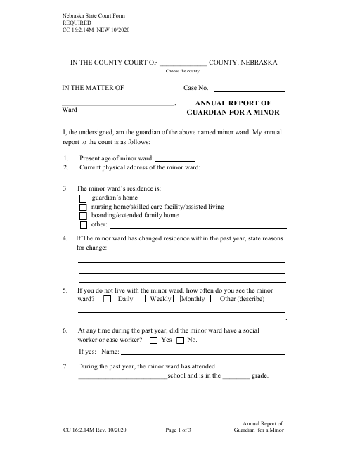 Form CC16:2.14M Annual Report of Guardian for a Minor - Nebraska