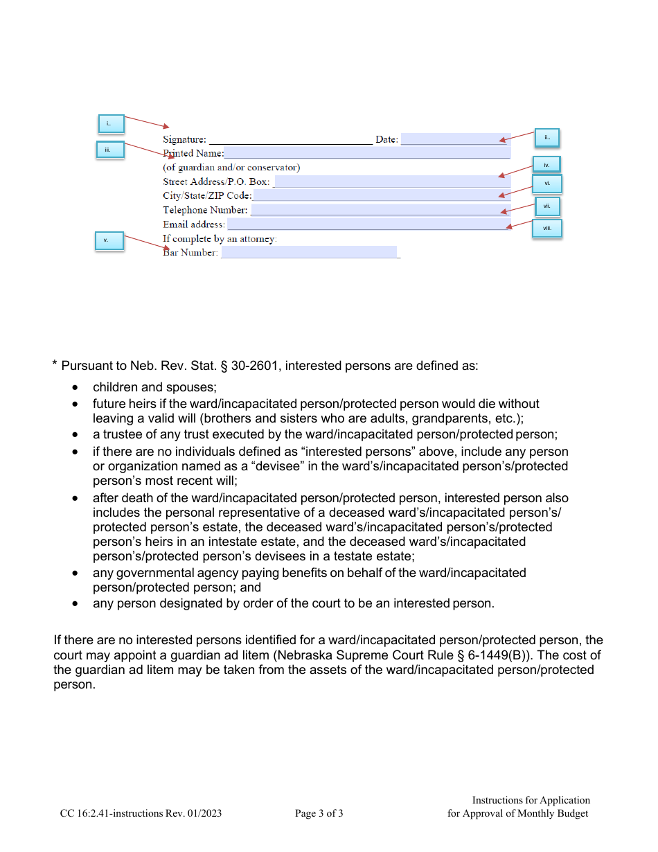 Instructions for Form CC16:2.41 Application for Approval of Monthly Budget - Nebraska, Page 3