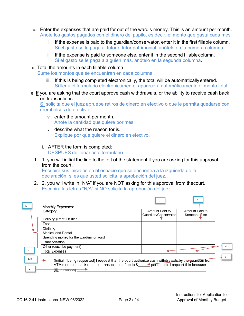 Instructions for Form CC16:2.41 Application for Approval of Monthly Budget - Nebraska (English / Spanish), Page 2