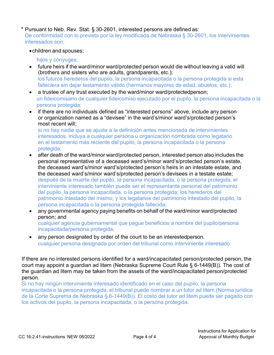 Instructions for Form CC16:2.41 Application for Approval of Monthly Budget - Nebraska (English / Spanish), Page 4