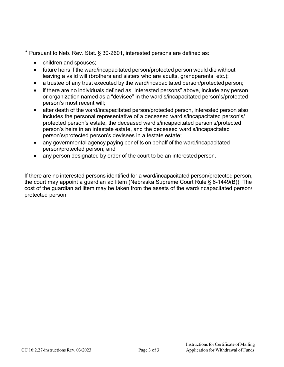 Instructions for Form CC16:2.27 Certificate of Mailing Application for Withdrawal of Funds - Nebraska, Page 3