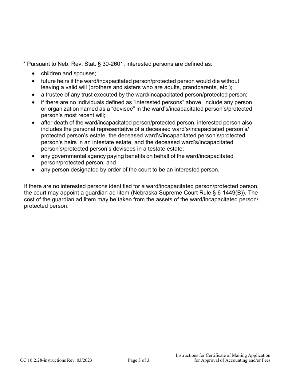Instructions for Form CC16:2.28 Certificate of Mailing Application for Approval of Accounting and / or Fees - Nebraska, Page 3