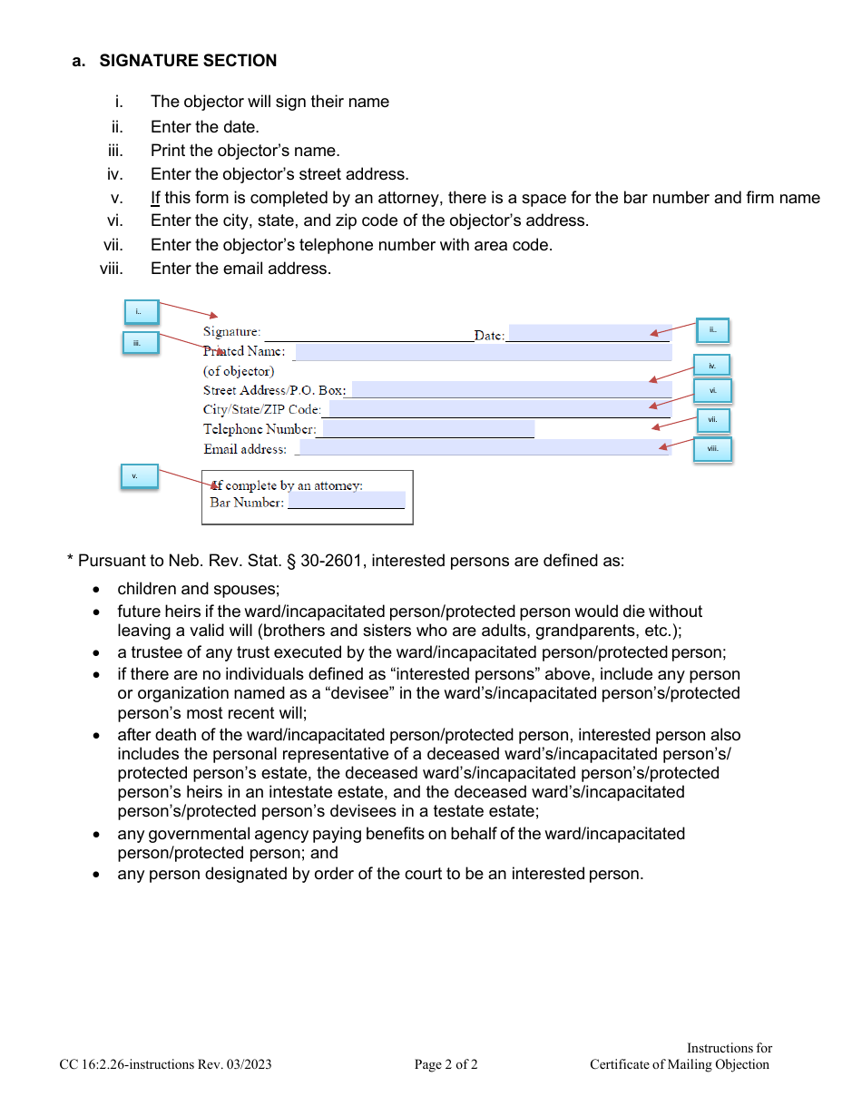 Instructions for Form CC16:2.26 Certificate of Mailing Objection and Notice of Hearing - Nebraska, Page 2