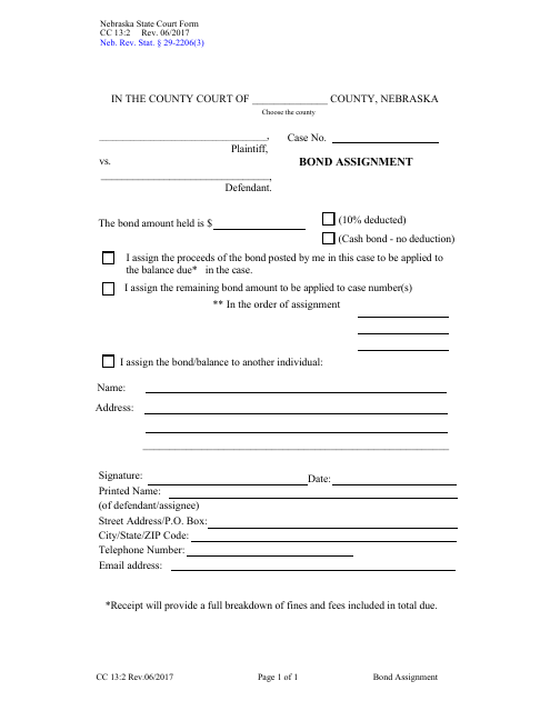 Form CC13:2 Bond Assignment - Nebraska