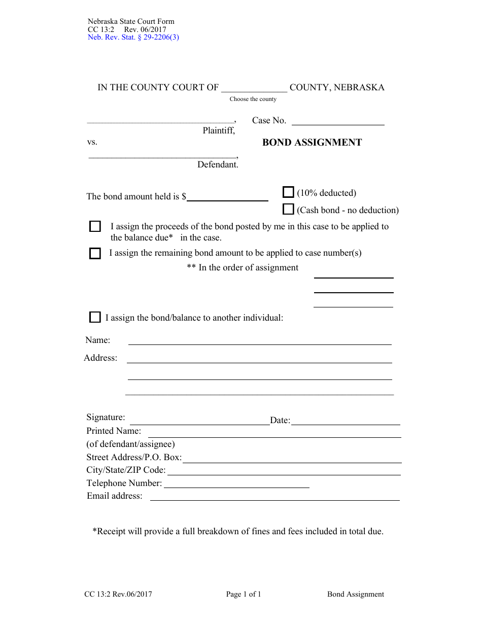 Form CC13:2 Bond Assignment - Nebraska, Page 1