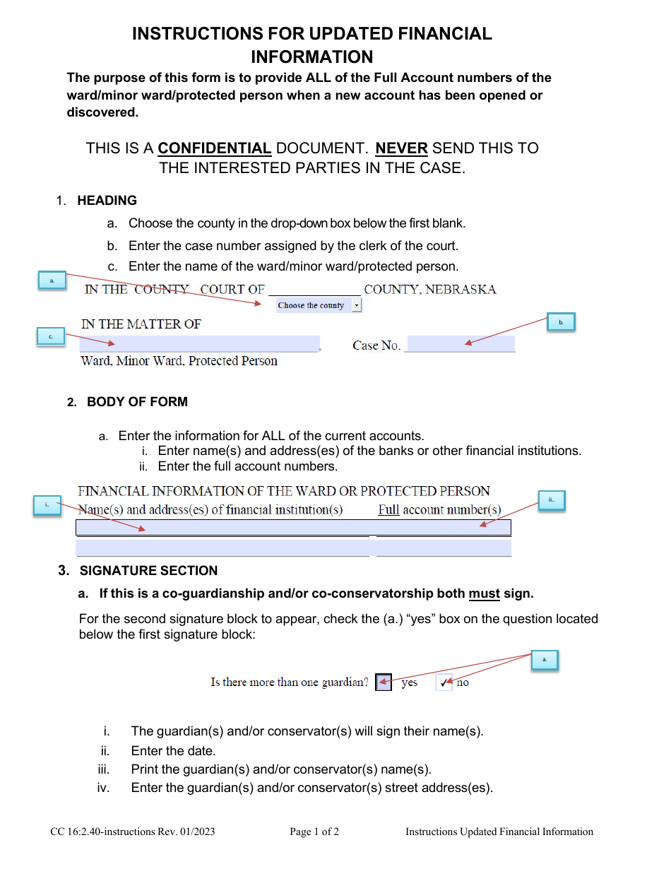 Instructions for Form CC16:2.40 Updated Financial Information for Guardianships and Conservatorships - Nebraska, Page 1