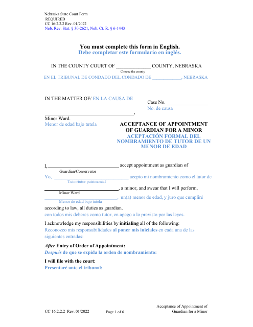 Form CC16:2.2.2 Acceptance of Appointment of Guardian for a Minor - Nebraska (English/Spanish)
