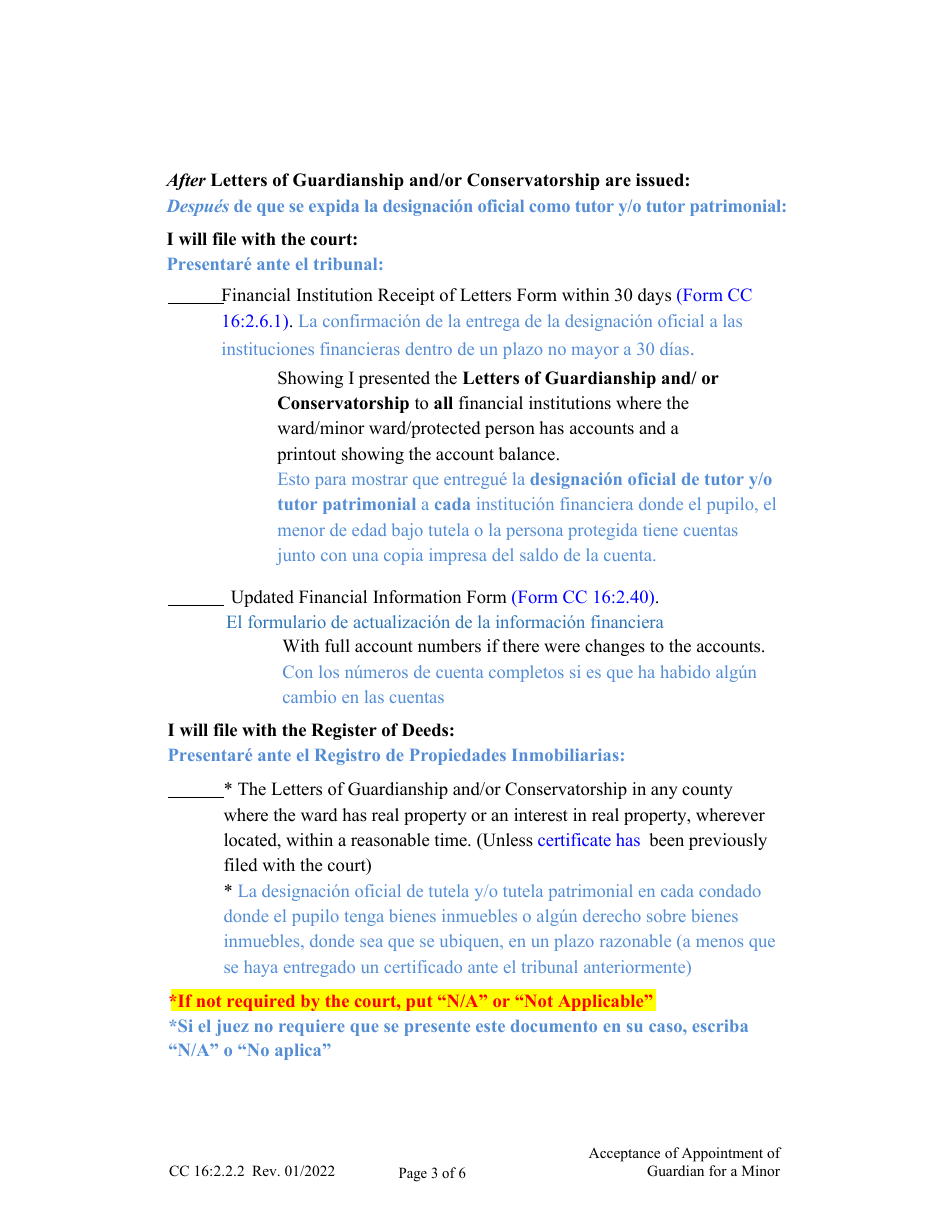 Form CC16:2.2.2 Acceptance of Appointment of Guardian for a Minor - Nebraska (English / Spanish), Page 3