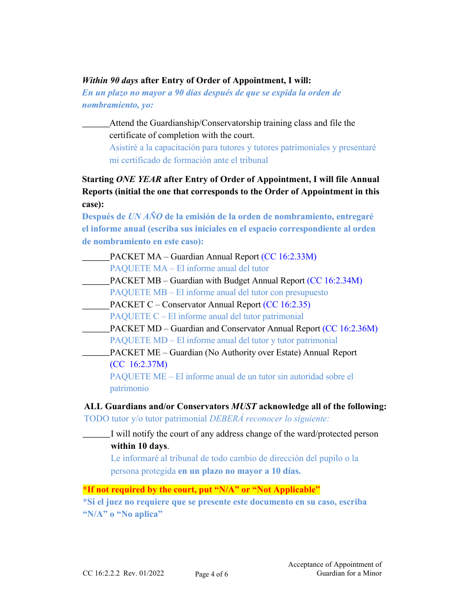 Form CC16:2.2.2 Acceptance of Appointment of Guardian for a Minor - Nebraska (English / Spanish), Page 4