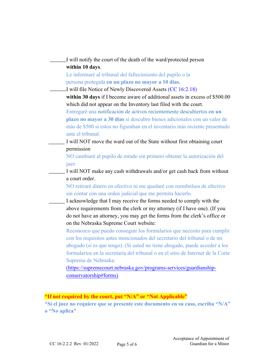 Form CC16:2.2.2 Acceptance of Appointment of Guardian for a Minor - Nebraska (English / Spanish), Page 5