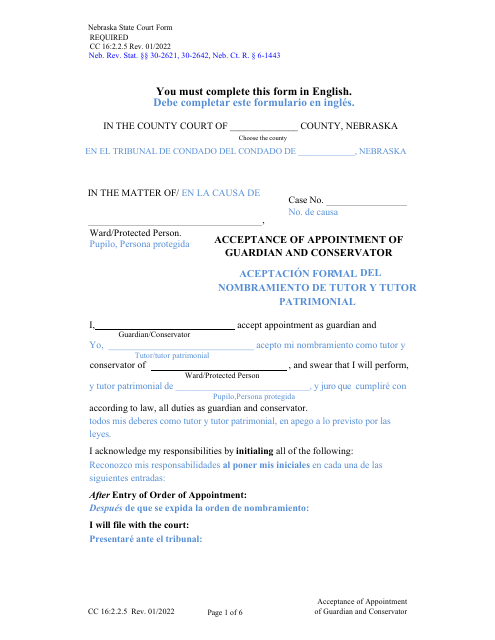 Form CC16:2.2.5 Acceptance of Appointment of Guardian and Conservator - Nebraska (English/Spanish)