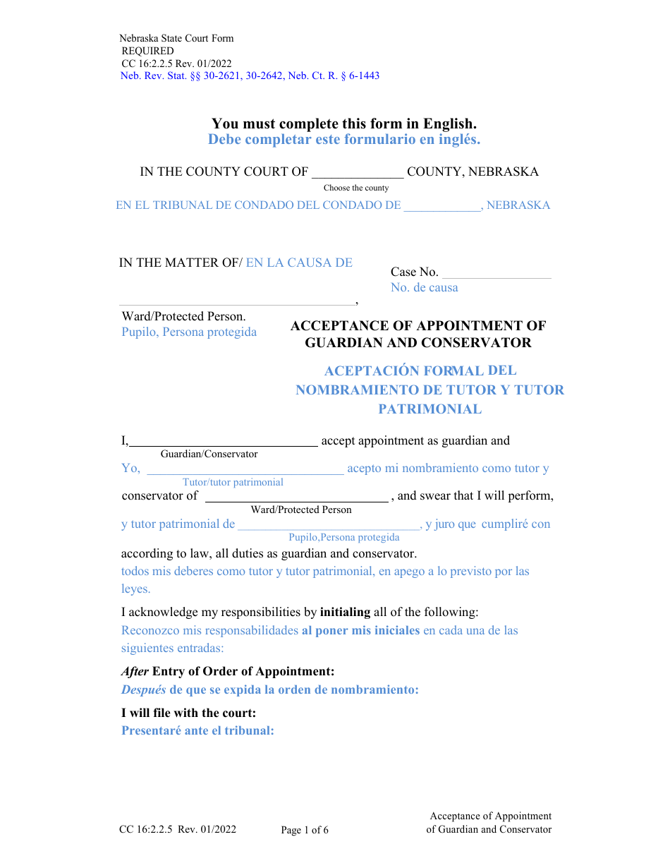 Form CC16:2.2.5 Acceptance of Appointment of Guardian and Conservator - Nebraska (English / Spanish), Page 1
