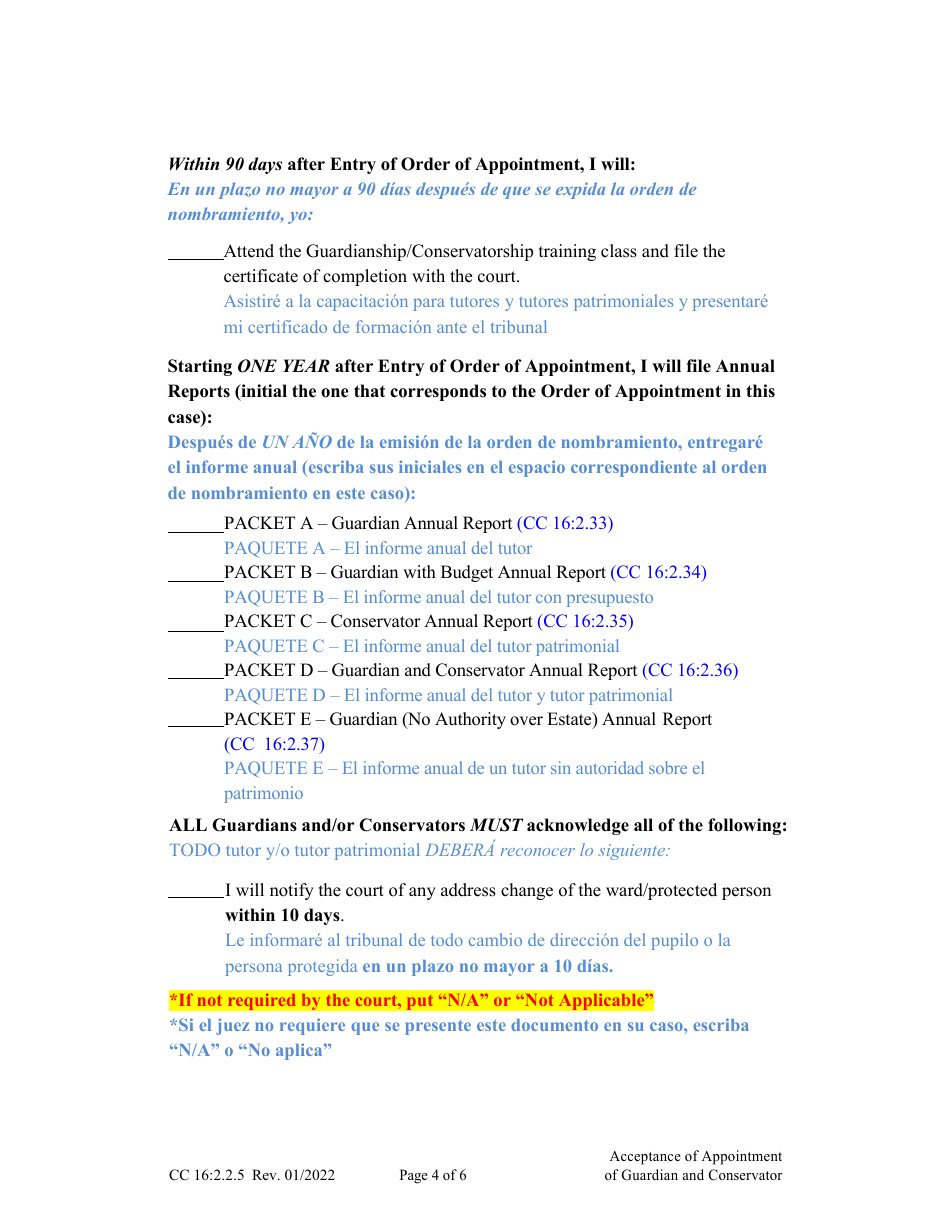 Form CC16:2.2.5 Acceptance of Appointment of Guardian and Conservator - Nebraska (English / Spanish), Page 4