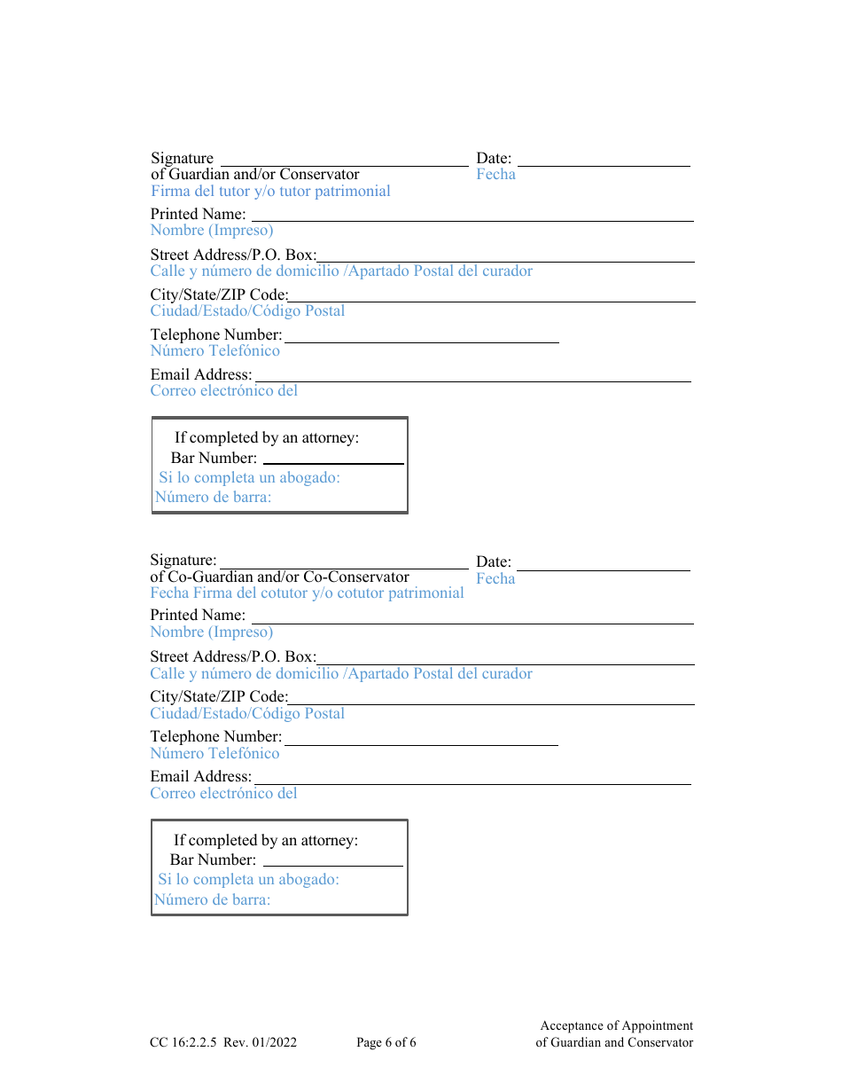 Form CC16:2.2.5 Acceptance of Appointment of Guardian and Conservator - Nebraska (English / Spanish), Page 6