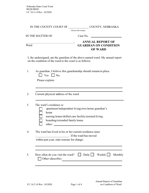 Form CC16:2.14 Annual Report of Guardian on Condition of Ward - Nebraska