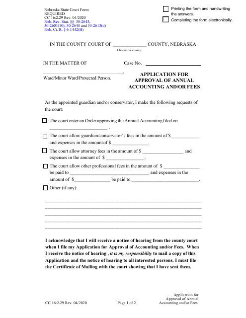 Form CC16:2.29 Application for Approval of Annual Accounting and/or Fees - Nebraska