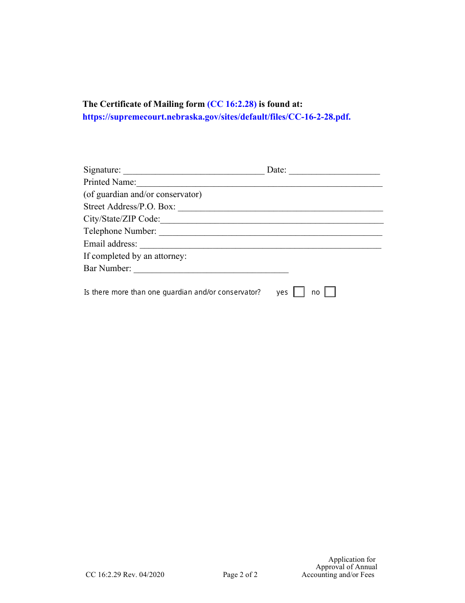 Form CC16:2.29 Application for Approval of Annual Accounting and / or Fees - Nebraska, Page 2