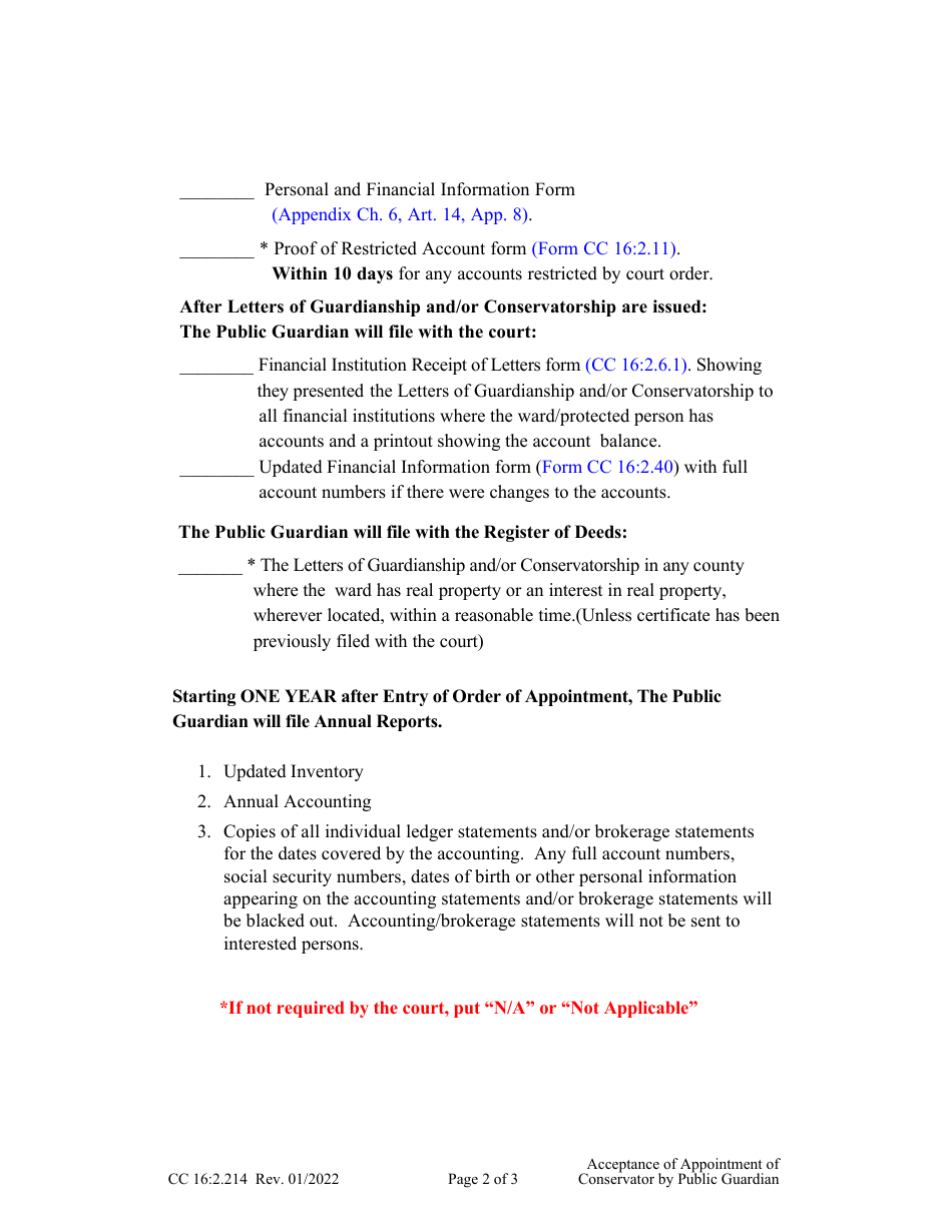 Form CC16:2.214 Acceptance of Appointment of Conservator by the Public Guardian - Nebraska, Page 2