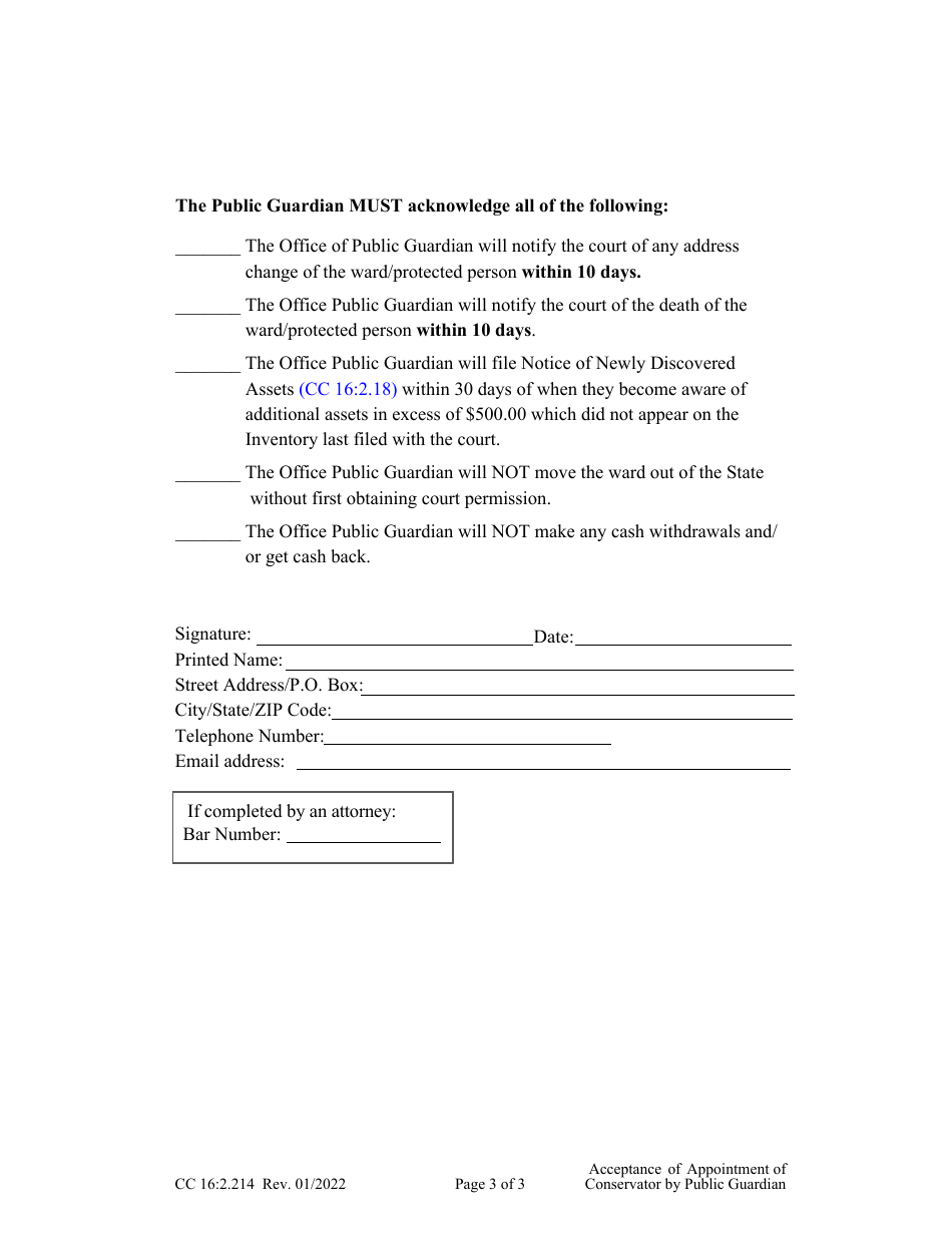 Form CC16:2.214 Acceptance of Appointment of Conservator by the Public Guardian - Nebraska, Page 3