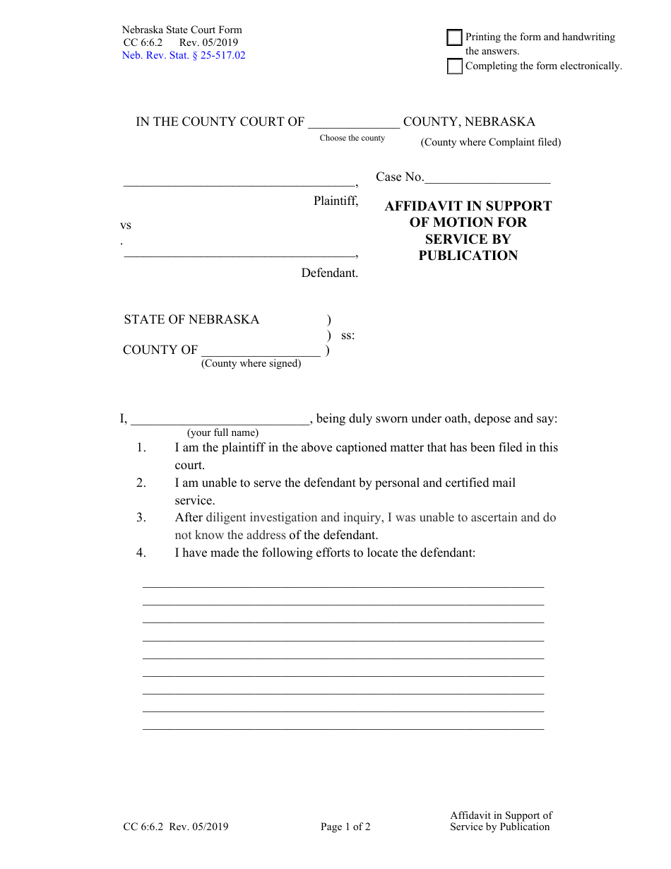 Form CC6:6.2 Affidavit in Support of Motion for Service by Publication - Nebraska, Page 1