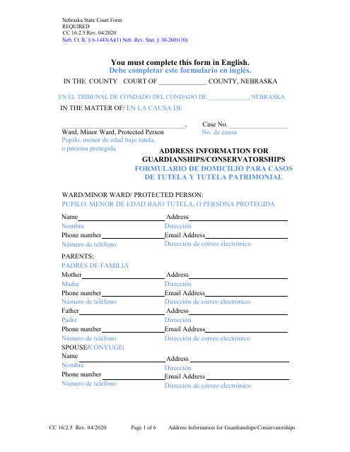 Form CC16:2.5 Address Information for Guardianships/Conservatorships - Nebraska (English/Spanish)