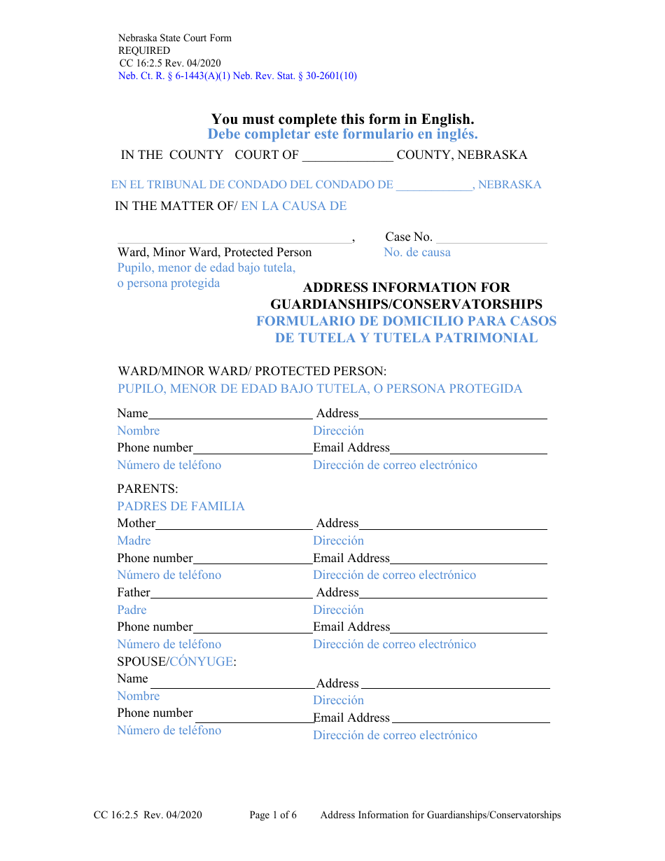 Form CC16:2.5 Address Information for Guardianships / Conservatorships - Nebraska (English / Spanish), Page 1