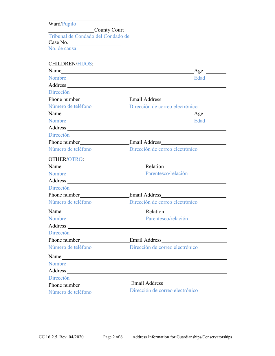 Form CC16:2.5 Address Information for Guardianships / Conservatorships - Nebraska (English / Spanish), Page 2