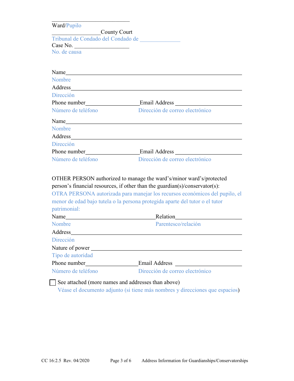 Form CC16:2.5 Address Information for Guardianships / Conservatorships - Nebraska (English / Spanish), Page 3