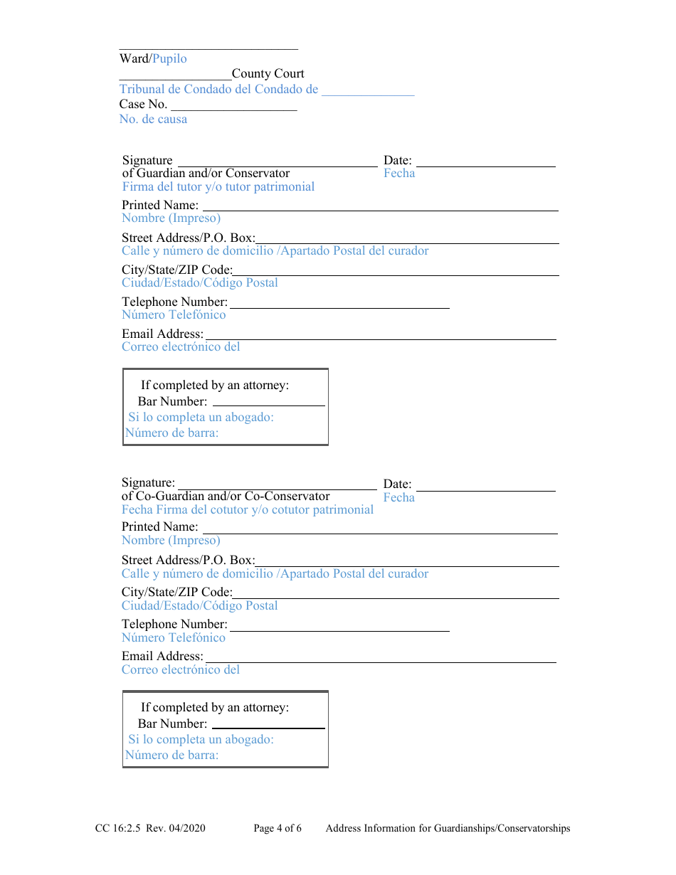 Form CC16:2.5 Address Information for Guardianships / Conservatorships - Nebraska (English / Spanish), Page 4