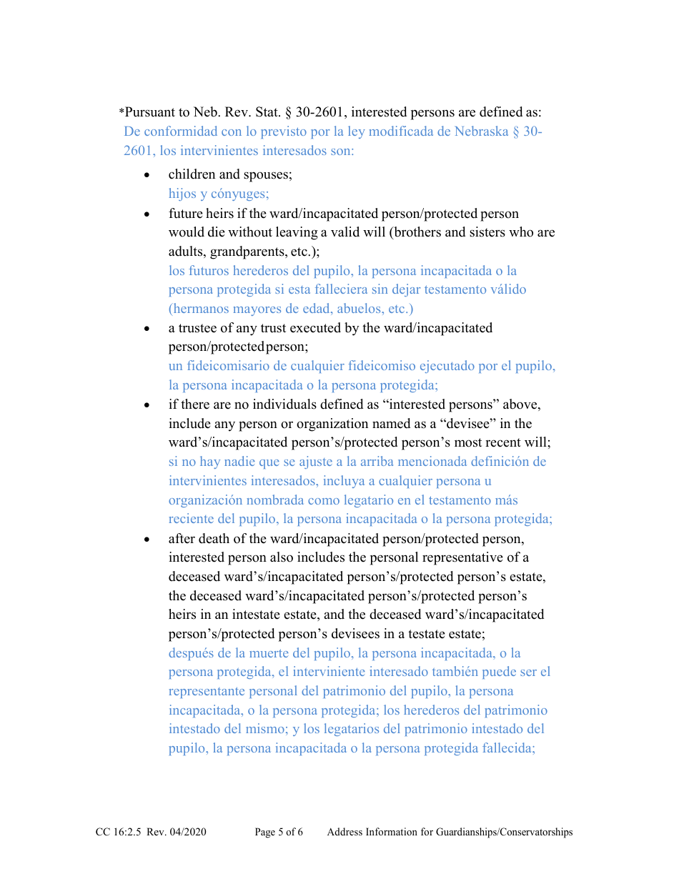 Form CC16:2.5 Address Information for Guardianships / Conservatorships - Nebraska (English / Spanish), Page 5