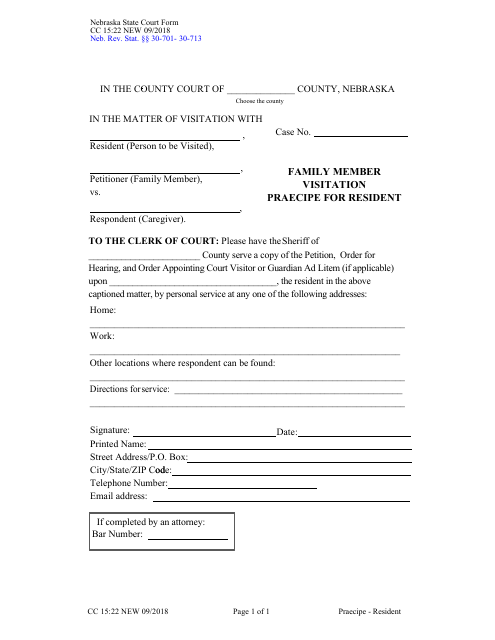 Form CC15:22 Family Member Visitation Praecipe for Resident - Nebraska