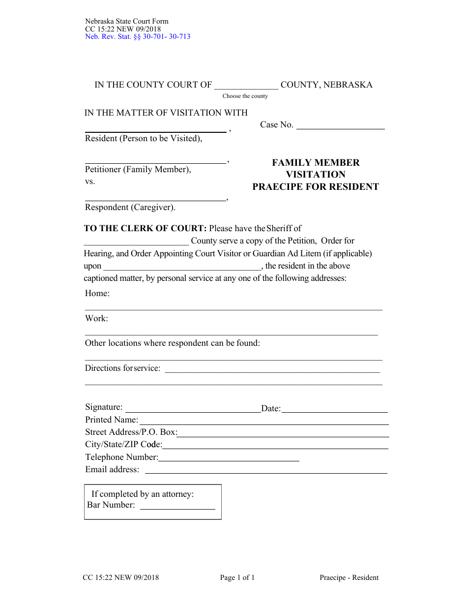 Form CC15:22 Family Member Visitation Praecipe for Resident - Nebraska, Page 1